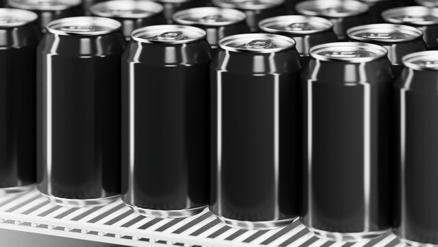 Rows of black aluminum cans on the shelf in the refrigerator. High quality 3d illustration