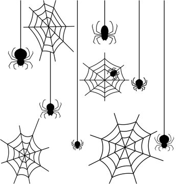 シルエットで描かれた蜘蛛と蜘蛛の巣のイラストセット