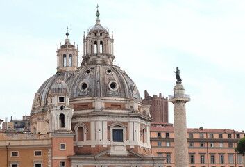 Santa Maria di Loreto Church Exterior with Trajan Column in Rome, Italy