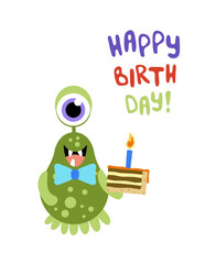 Monster. Green monocular monster with piece of cake. Happy Birthday. Flat, cartoon, vector