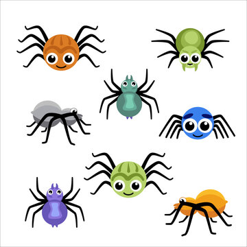 Set Of Spiders. Colorful Spiders Clip Art. Flat, Cartoon, Vector