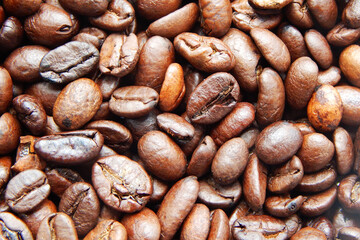 Beautiful grains of coffee, close up. Background, texture