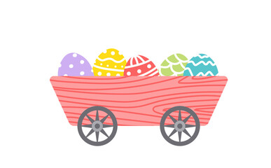 Easter eggs in cart. Garden Easter wooden wheelbarrow. Colorful. Flat, cartoon, isolated