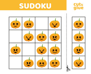 Sudoku for kids with pumpkins. Halloween sudoku game for children. Cut and glue