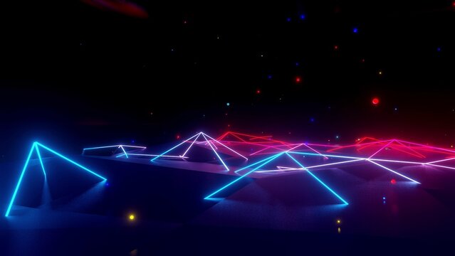 Neon linear lamps with gradient glow of red-blue color over a low poly surface onto which luminous multi-colored balls fall. Abstract dark creative background with neon light. Neon lamps