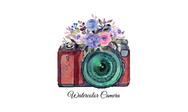 photographer logo with floral illustration. watercolor camera logo