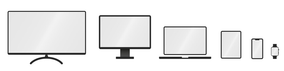 Device Icons set. Set technology devices icon. Electronic devices vector icon. Smartwatch, smartphone, tablet, laptop, desktop computer and tv. Vector illustration