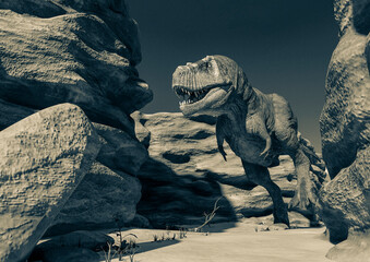t rex the strongest dinosaur looking for food in the stones