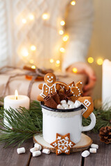 Woman in a knitted sweater with hot winter drink in a white mug: cozy home composition with...