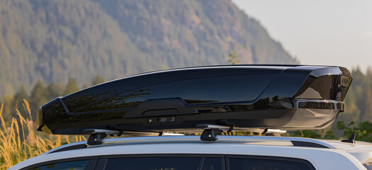 Car with the roof rack with cargo box. Car luggage on roof - obrazy, fototapety, plakaty