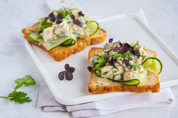 Open Danish smorrebrod sandwiches with chicken salad, fresh cucumber and herbs on a white ceramic board against a light concrete background. Sandwich recipes.