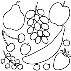 Fruits and berries black outline silhouettes. Strawberry, banana, apple, pear, cherry, black currant, apricot, blueberry, blackberry, huckleberry, grapes. Vector illustration set isolated on white