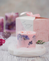 Handmade soy candles of unique design. Relaxation atmosphere. Lifestyle blog concept. Style modern minimal.