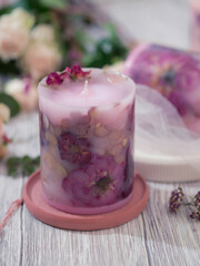 Handmade soy candles of unique design. Relaxation atmosphere. Lifestyle blog concept. Style modern minimal.
