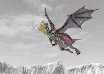 dragon cartoon with armor flying on ice with space copy
