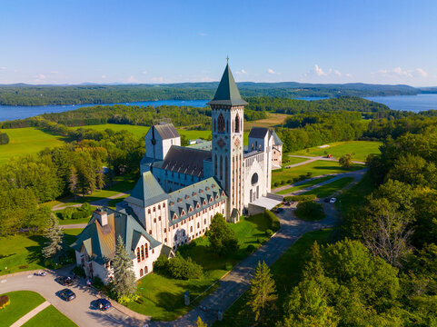 Abbaye de Saint Benoit du Lac aerial view on the Lake Memphremagog in Memphremagog County, Quebec QC, Canada. 