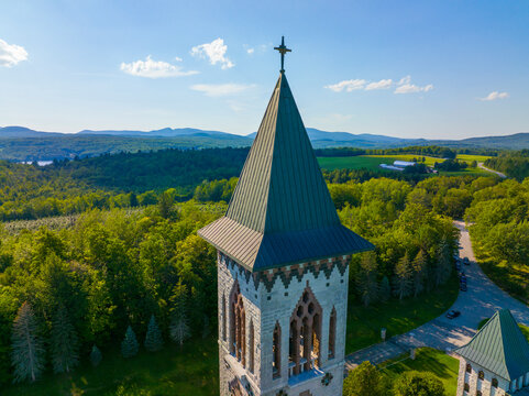 Abbaye de Saint Benoit du Lac aerial view on the Lake Memphremagog in Memphremagog County, Quebec QC, Canada. 