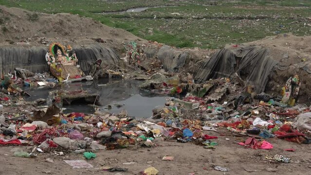 Dirty Yamuna river bank after religious ceremony
September,20,2021, Yamuna- Agra Uttar Pradesh India
