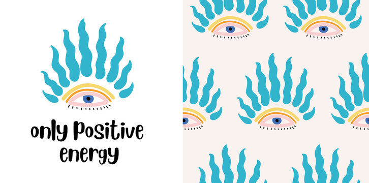 Hand drawn eye doodles seamless pattern and slogan. Evil eyes. Vector illustration. Perfect for wallpapers, web page backgrounds, surface textures, textile.