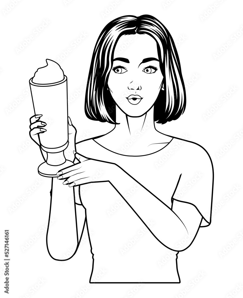 Poster woman with iced coffee drawn