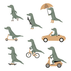 Green cartoon crocodile character riding bike, scooter, skateboard, roller skate, car vector set