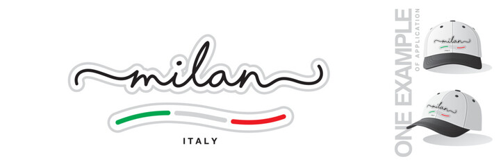Milan Italy, abstract Italy flag ribbon, new modern handwritten typography calligraphic logo icon with example of application