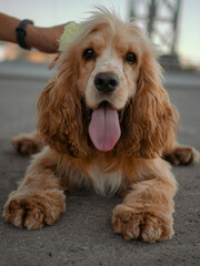 Happy cocker spaniel puppy posing in summer and sticking out his tongue
