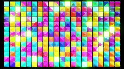3d render. Abstract festive background with multi-colored pyramids on a plane flashing neon light randomly.