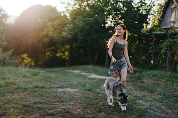Naklejka na ściany i meble A woman runs and jumps playing with her dog in the summer in a park among greenery in nature outside the house. Lifestyle in sports and walking with a husky dog ​​on a leash