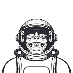 Vector Smiling Chimpanzee Ape with Astronaut Helmet, Suit. Funny Monkey with Cosmonaut Mask for Space Exploration. Spaceman Monkey. Cartoon Cute Chimp Monkey