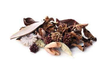 Aromatic potpourri of dried flowers on white background
