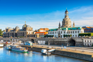 Fototapeta na wymiar Scenic summer view of the Old Town architecture with Elbe river embankment in Dresden, Saxony, Germany