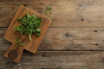 Bunch of fresh stinging nettles on wooden table, top view. Space for text