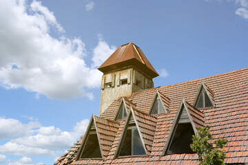 Beautiful old house against blue sky, space for text
