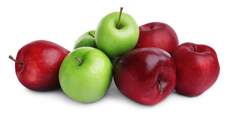 Fresh ripe green and red apples on white background
