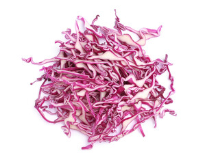 Shredded fresh red cabbage isolated on white, top view