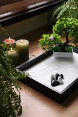 Fototapeta na wymiar Beautiful miniature zen garden and candles on table