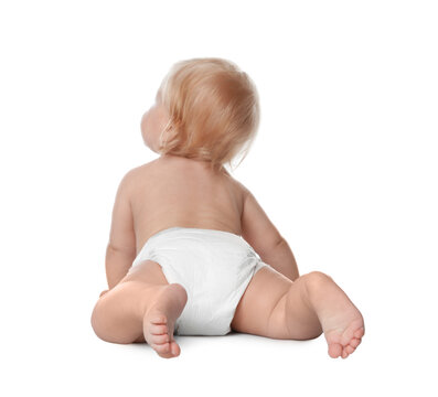 Little baby in diaper on white background, back view