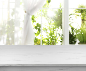 Empty white wooden surface in room. Mockup for design