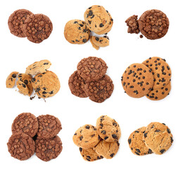 Set with delicious chocolate chip cookies on white background, top view