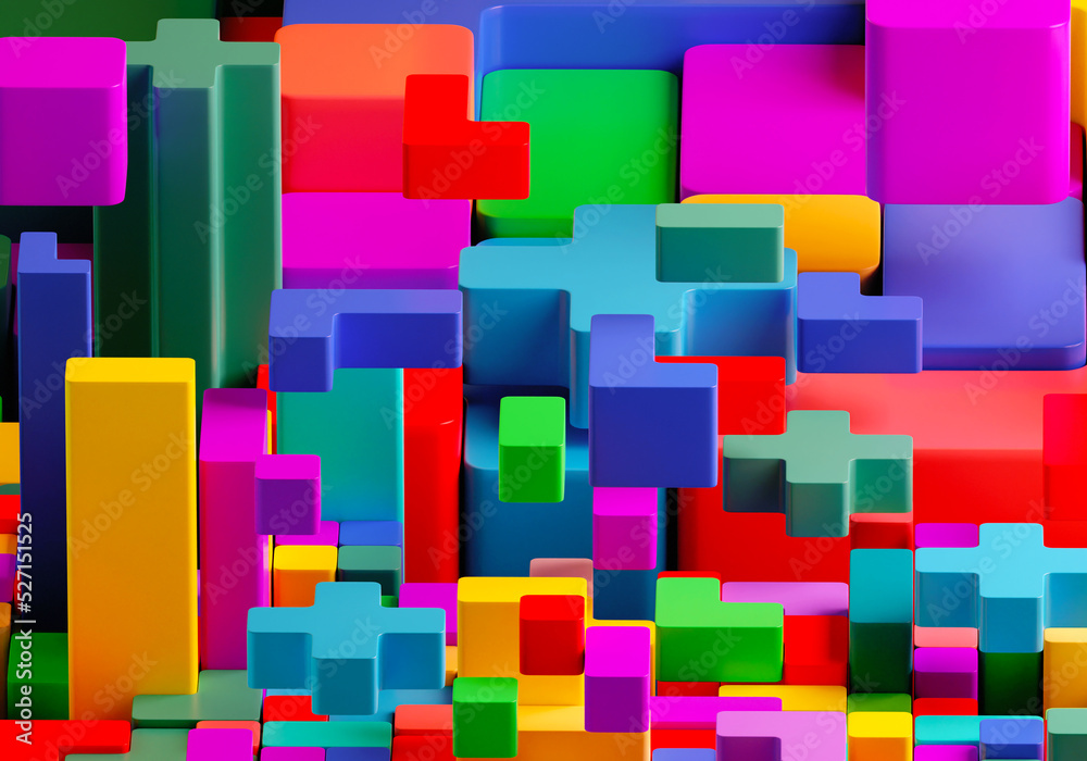 Poster colored background is made up of multi-colored geometric shapes. colored molds with glossy surface. 