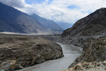 Indus River seen from Karakoram Highway in Pakistan, near Chilas town. Diamir Bhasha dam will be built here