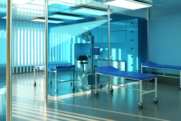 Private surgical clinic. Interior surgical department with translucent partitions. Couches for bedridden patients clinic. Surgical lamp and working computer in background. Modern clinic. 3d image