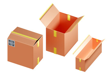 Obraz premium Open and closed boxes. Cardboard packaging. Cardboard boxes isolated on white. Packing for sending parcels or moving. Cardboard packaging with traces of yellow tape. Package with QR code. 3d image.