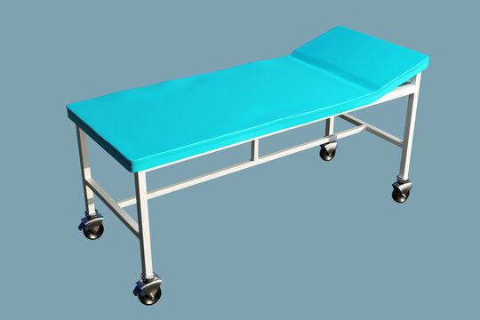 Hospital couch. Couch for hospital patient on wheels. Equipment for city hospital. Visualization of couch for transporting patients. Sick service equipment in clinic. 3d rendering.