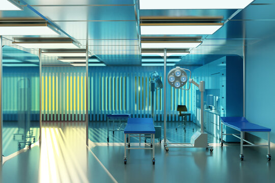 Surgical department of hospital. Hospital interior with couches and surgical lamps. Hospital room for operations. Premises with furniture to serve seriously ill. Surgical room with windows. 3d image.