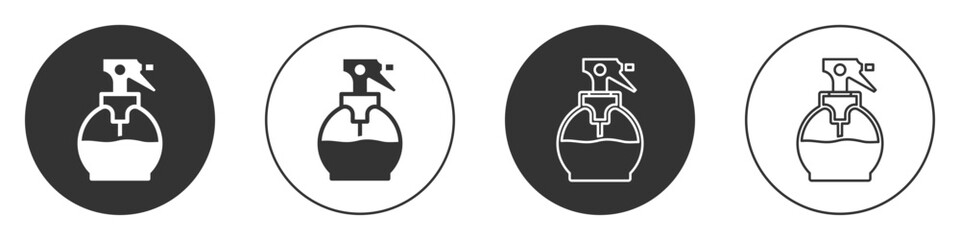 Black Hairdresser pistol spray bottle with water icon isolated on white background. Circle button. Vector