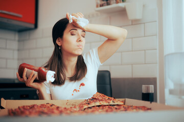 Unhappy Clumsy Woman Staining her Shirt with Ketchup. Tired woman having a messy accident while...