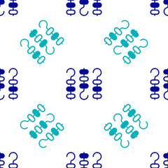 Blue Grilled shish kebab on skewer stick icon isolated seamless pattern on white background. Meat kebab on skewer stick. Picnic with grilled meat. Vector