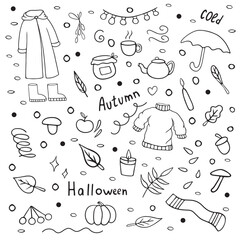Hand drawn autumn doodle set. Includes autumn attributes such as hot tea, raincoat, leaves, candles, warm clothes and autumn gifts. Also includes doodle elements, circles, ovals, swirls.